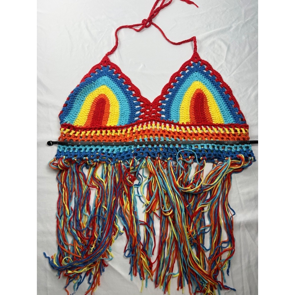 Boho Rainbow Crochet Tassel Halter Top Festival Wear S/M - Picture 5 of 6